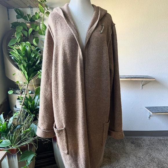 Tahari Tan Cream Wool Acrylic Nylon Knit Hooded Cardigan size 2X - Picture 1 of 13
